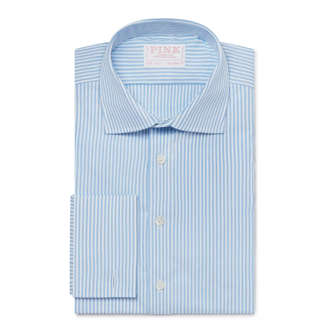 Pale Blue & White Tailored Fit Double Cuff Core Poplin Bengal Stripe Formal Shirt