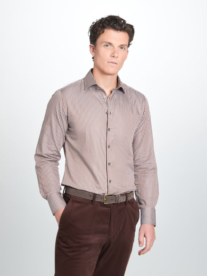 Brown & White Slim Fit Twin Stripe Formal Shirt