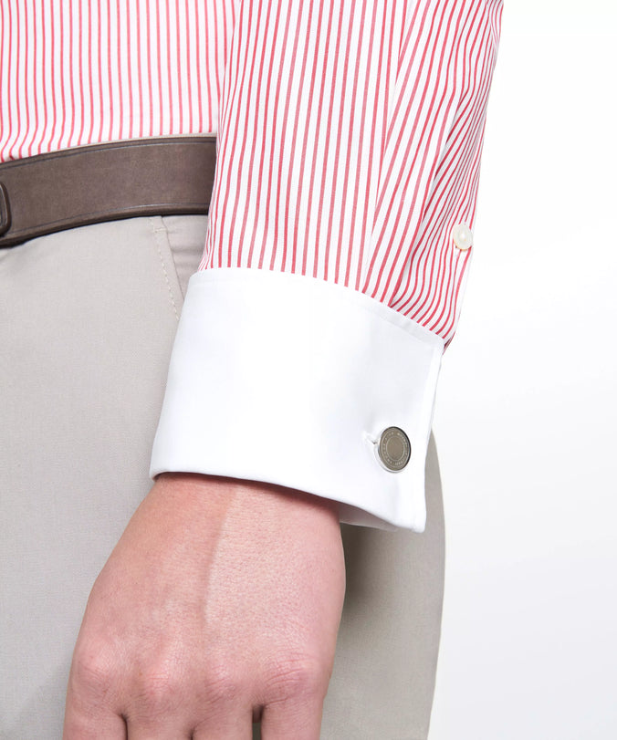 Red & White Tailored Fit Double Cuff Poplin Stripe Formal Shirt