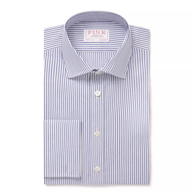 Deep Blue & White Tailored Fit Double Cuff Panama Medium Stripe Formal Shirt