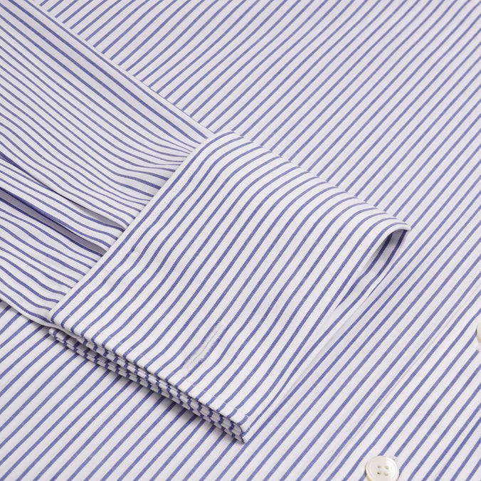 Deep Blue & White Tailored Fit Double Cuff Panama Medium Stripe Formal Shirt