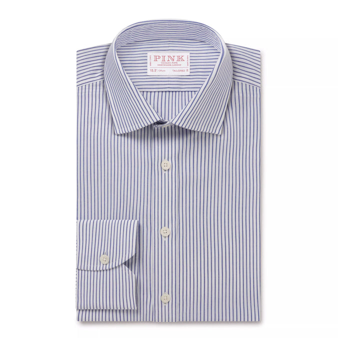 Deep Blue & White Tailored Fit Panama Medium Stripe Formal Shirt