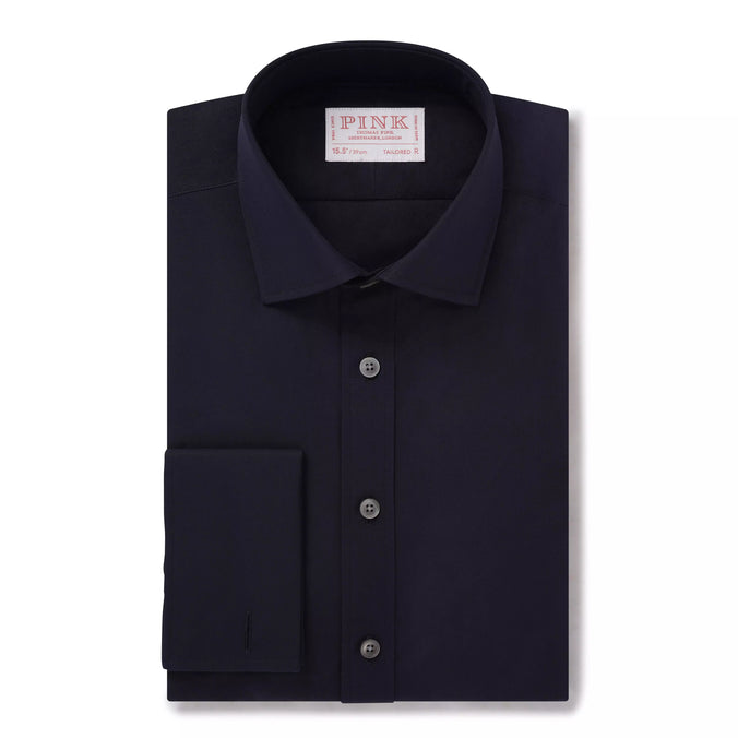 Navy Blue Tailored Fit Double Cuff Ramses Cotton Poplin Formal Shirt